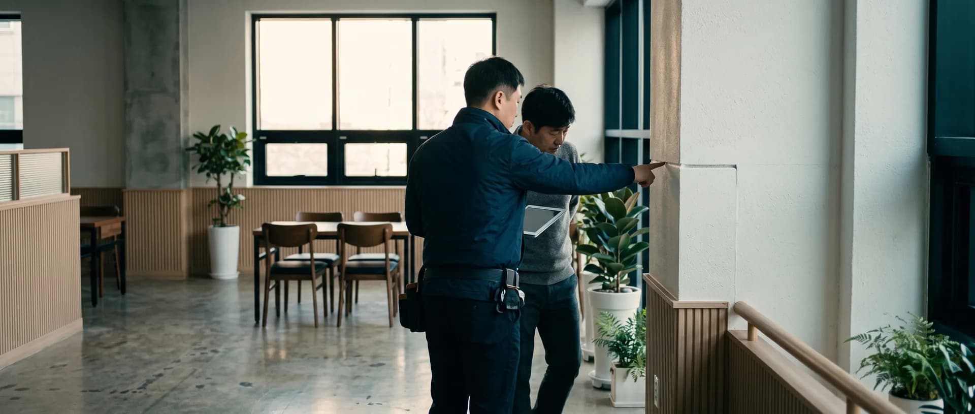 마감이 끝난 매장 안에서 점검원이 사장님과 나란히 걸으며 태블릿의 검수표를 보며 벽 이음새를 가리키는 모습