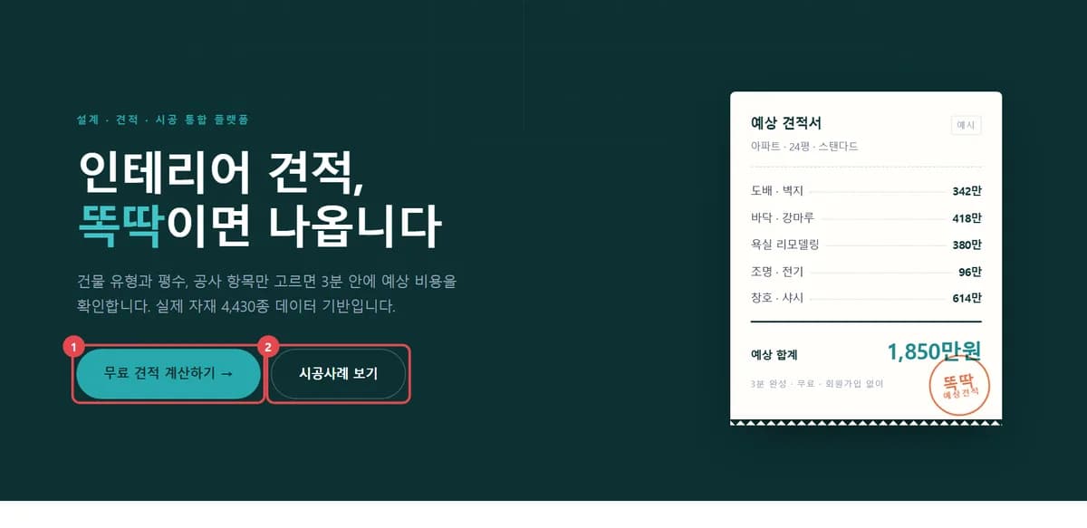 똑딱 홈 첫 화면, '인테리어 견적, 똑딱이면 나옵니다' 문구 아래 무료 견적 계산하기와 시공사례 보기 버튼에 빨간 번호 1·2가 붙어 있다