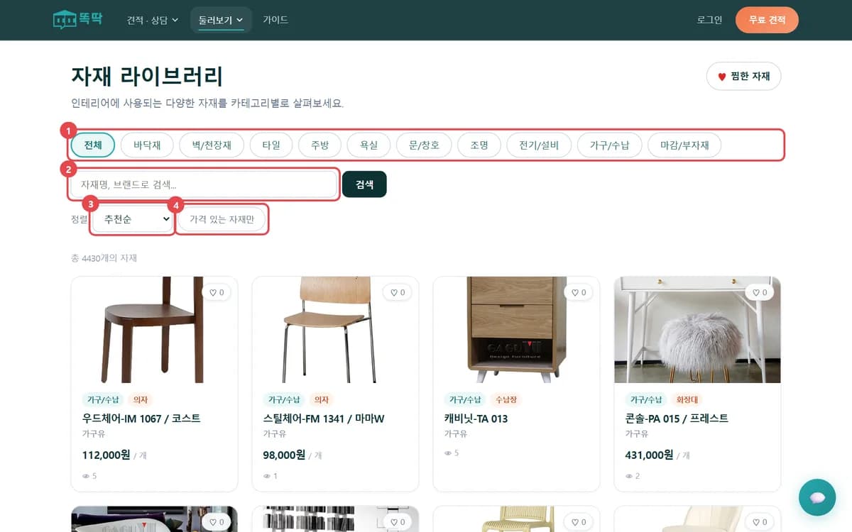 똑딱 자재 라이브러리 화면, 분류 탭·검색창·정렬·가격 있는 자재만 버튼에 빨간 번호 1~4가 붙어 있다